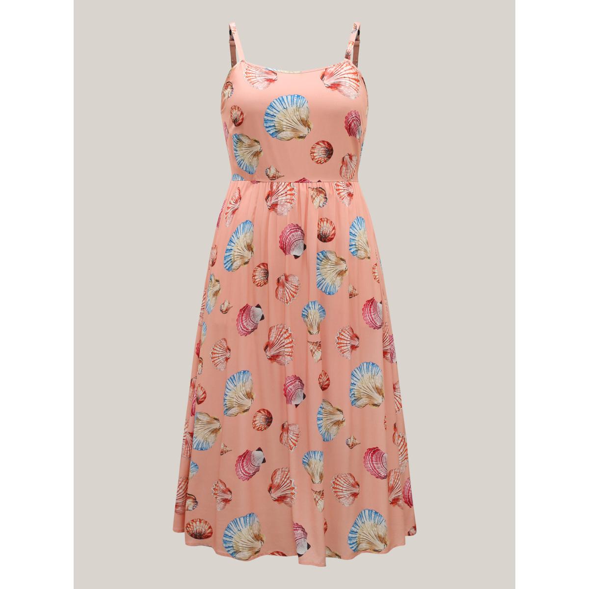 Plus Size Rayon Adjustable Strap Shell Print Midi Dress Lightorange Women Non Sleeveless Curvy BloomChic 12/L Product Image