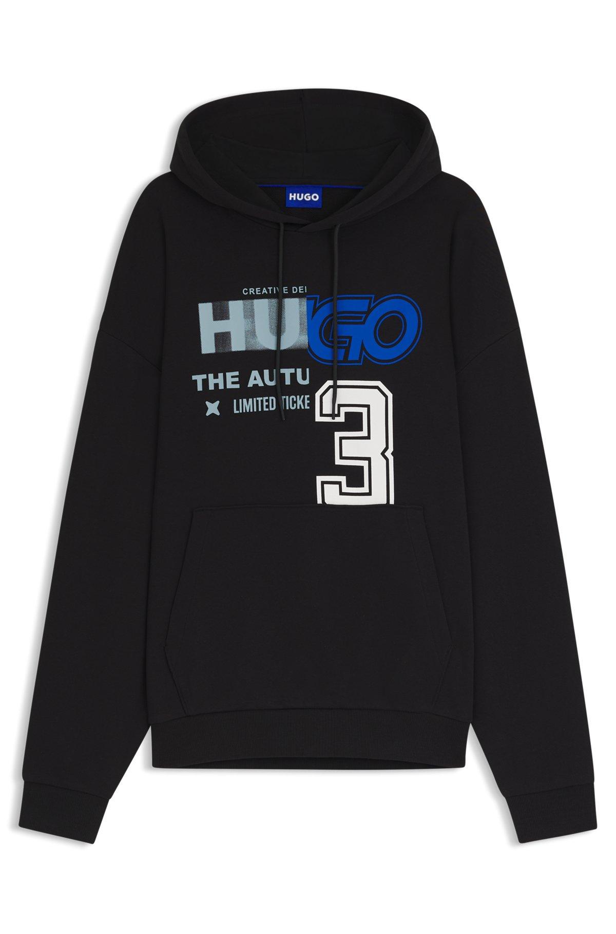 HUGO - Cotton-terry hoodie with mixed artwork print - Black Product Image