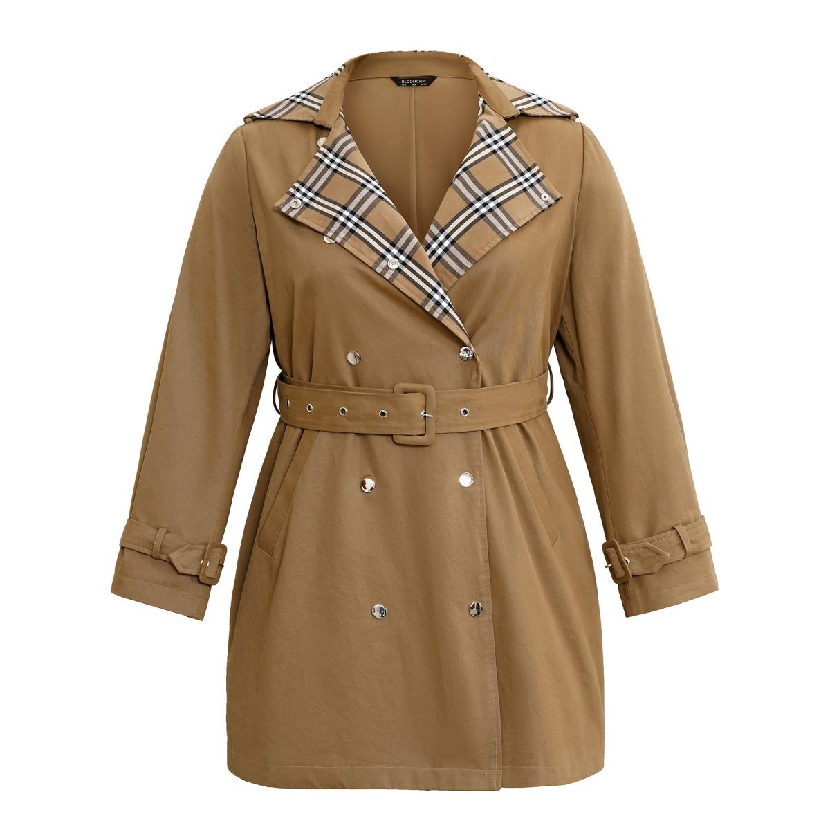 Plus Size Plaid Contrast Belted Double Breasted Coat Women Tan Elegant Lined Ladies Dailywear Winter Coats BloomChic 22-24/3X Product Image