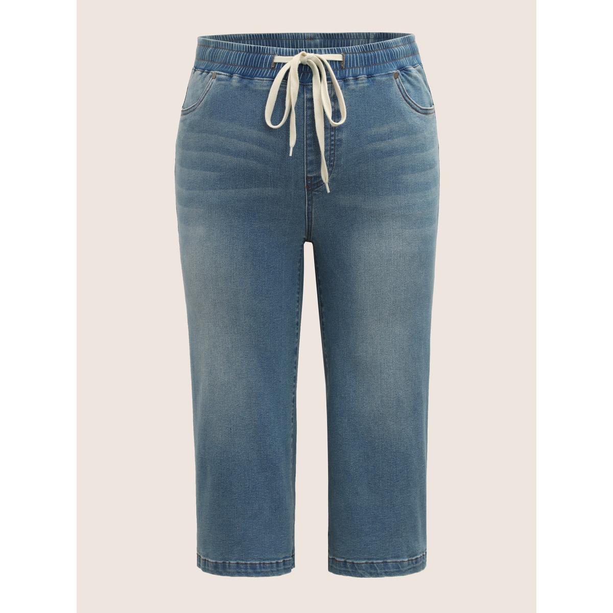 Plus Size Light Wash Drawstring Cropped Wide Leg Jeans Women Denimblue Casual Drawstring High stretch Slanted pocket Jeans BloomChic 20/2X Product Image