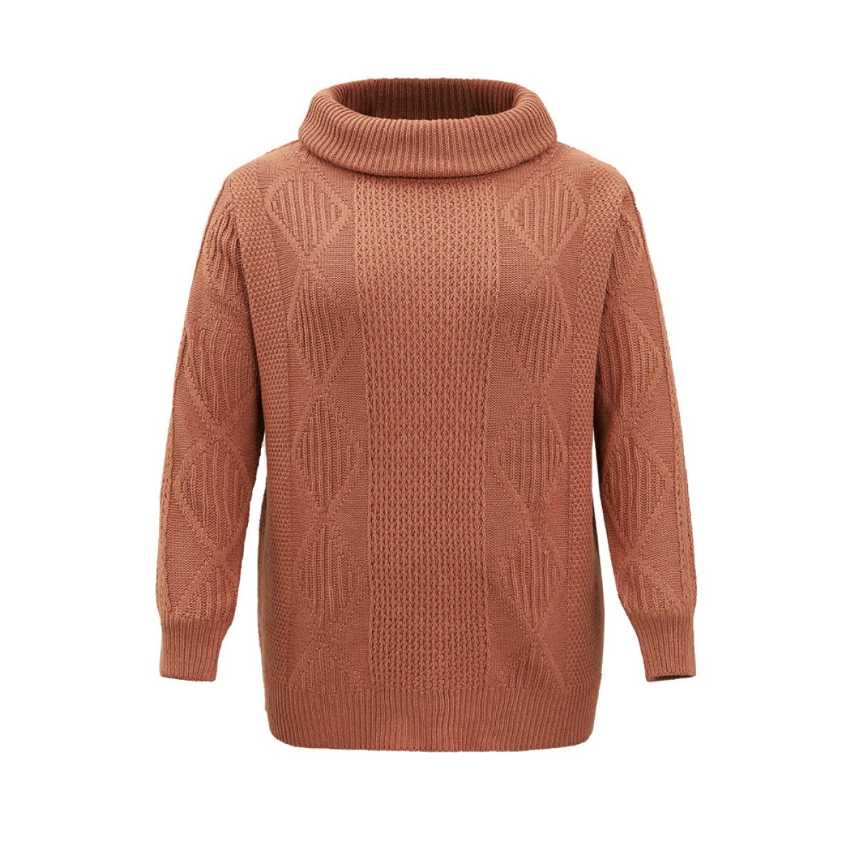 Plus Size Plain Plisse Turtle Neck Loose Pullover Coral Women Casual Loose Long Sleeve Turtleneck Dailywear Pullovers BloomChic 12/L Product Image