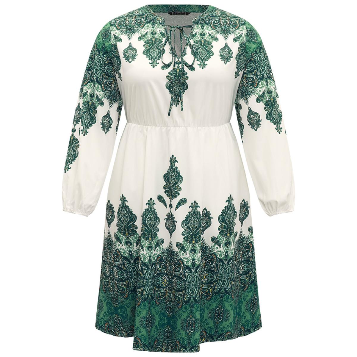 Plus Size Bandana Print Tie Neck Lantern Sleeve Dress Green Women Vacation Elastic cuffs Notched collar Long Sleeve Curvy Midi Dress BloomChic 30/6X Product Image
