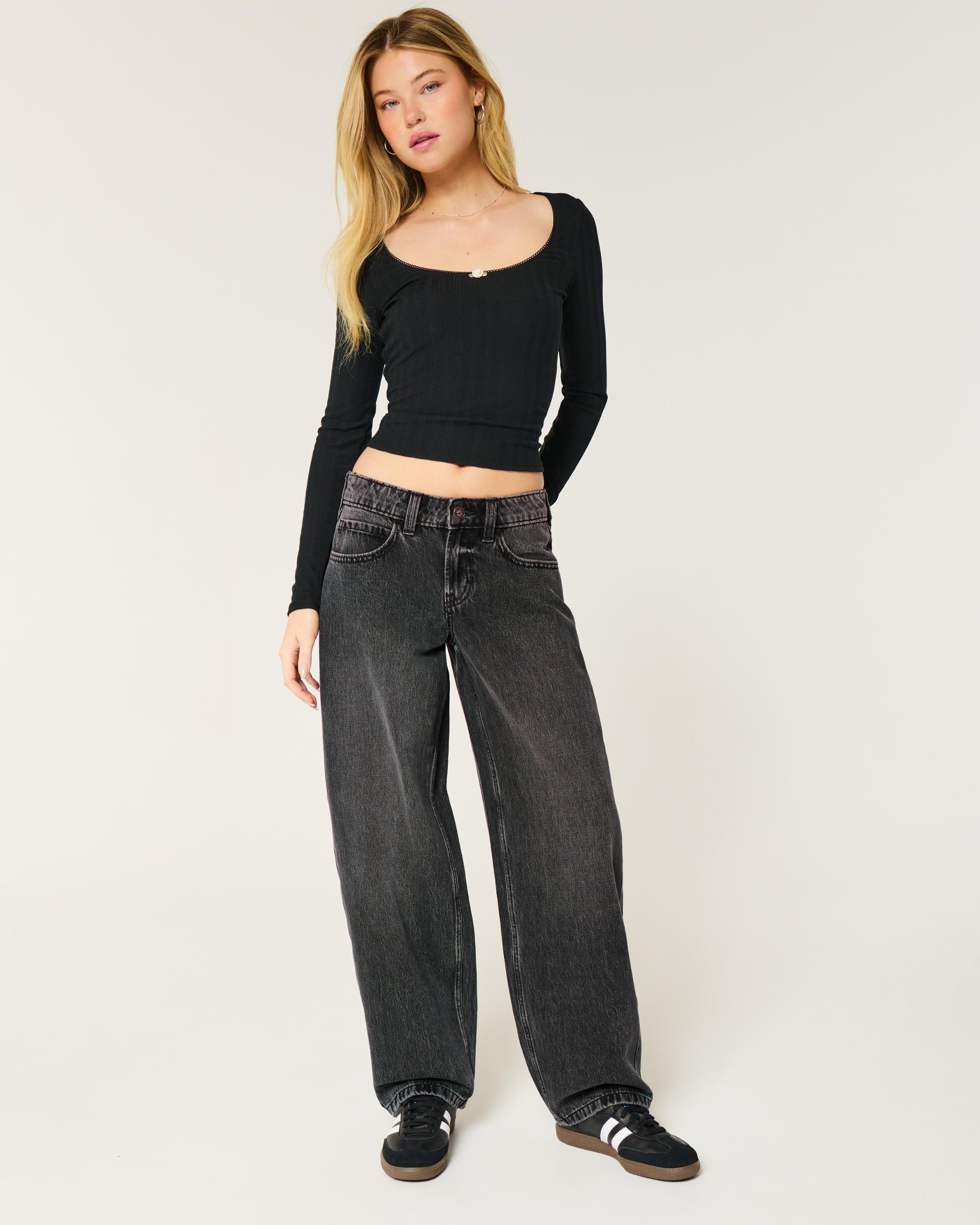 Low-Rise Washed Black Tapered Baggy Jeans Product Image