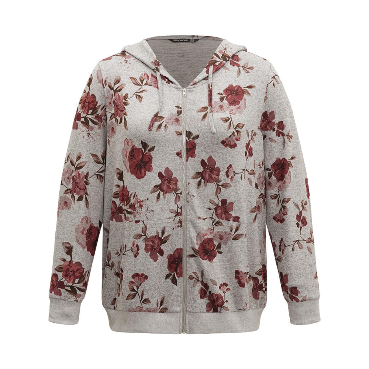 Plus Size Floral Print Pocket Drawstring Hooded Sweatshirt Women Gray Casual Printed Hooded Dailywear Sweatshirts BloomChic 22-24/3X Product Image