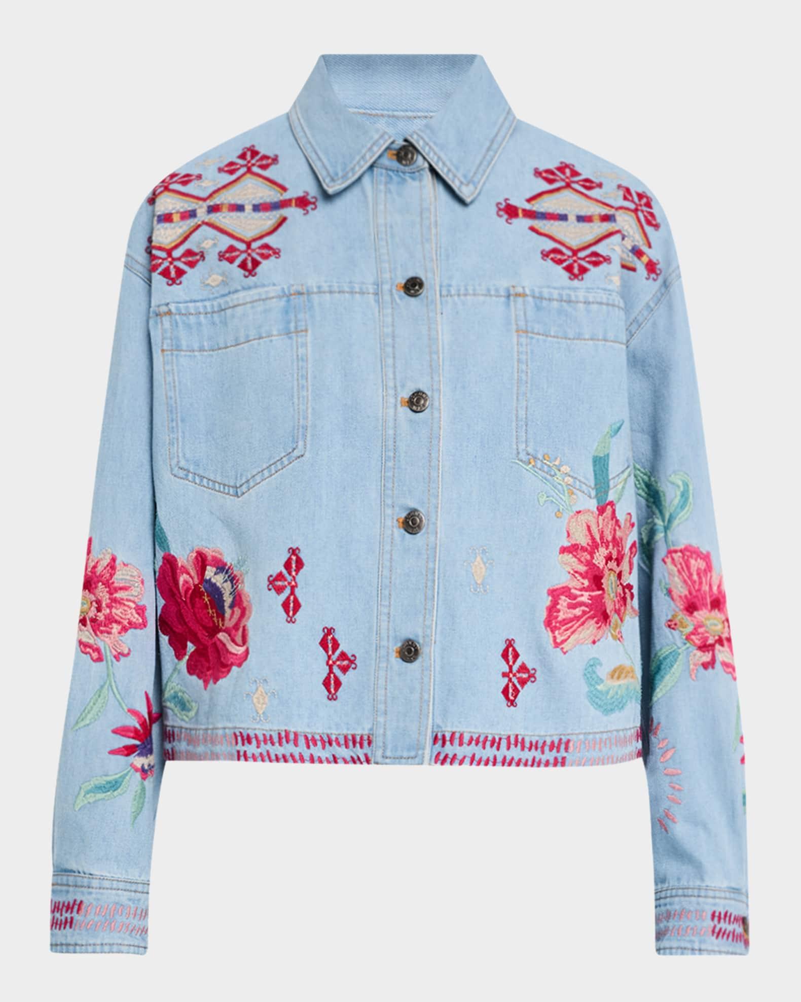 Cropped Floral-Embroidered Denim Jacket Product Image