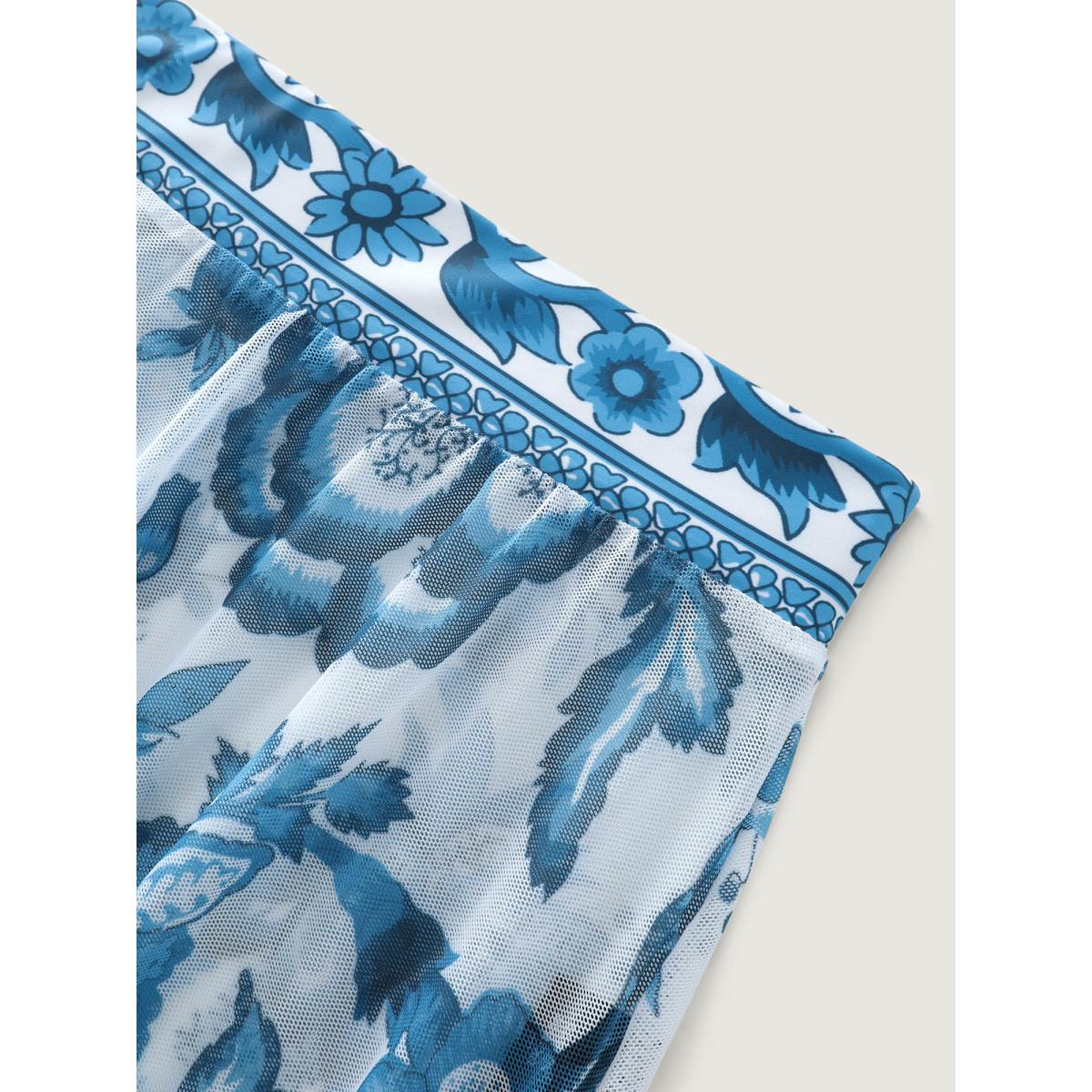 Plus Size Two-Piece Floral Print Ruched Mesh Swimsuit, Sarong Women's Swimwear Cerulean Resort Gathered Curve Bathing Suits High stretch One Pieces BloomChic 22-24/3X Product Image