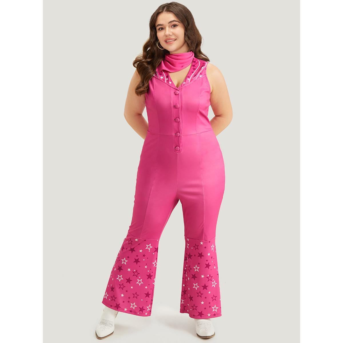 Plus Size Pink Halloween Star Button Up Bootcut Sleeveless Jumpsuit Women Elegant Sleeveless V-neck Festival-Halloween Loose Jumpsuits BloomChic 14-16/1X Product Image