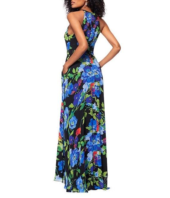 Betsy & Adam Chiffon Floral Print Halter Neck Sleeveless Blouson Gown Product Image