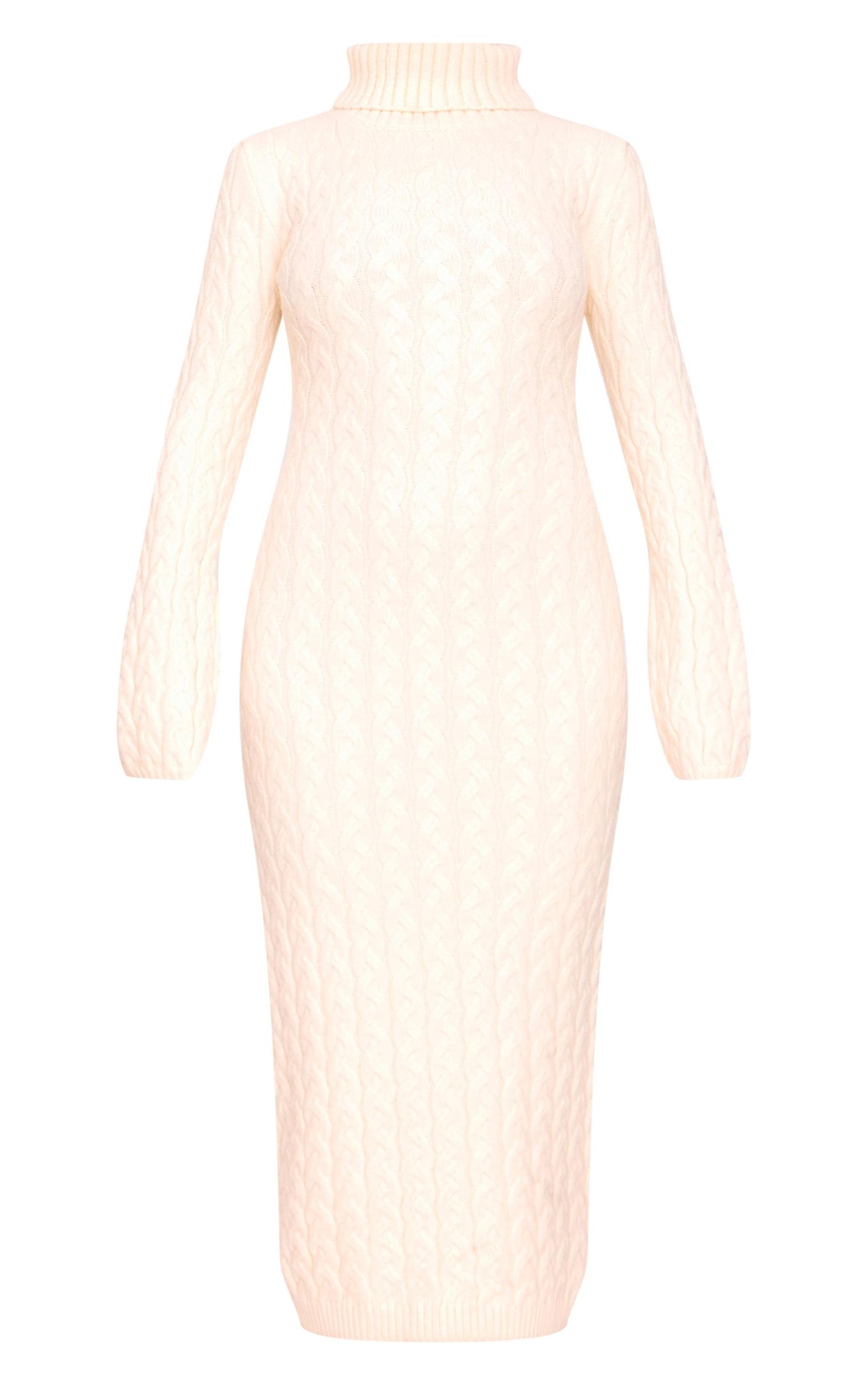 Oatmeal Chunky Cable Knit Roll Neck Maxi Sweater Dress Product Image