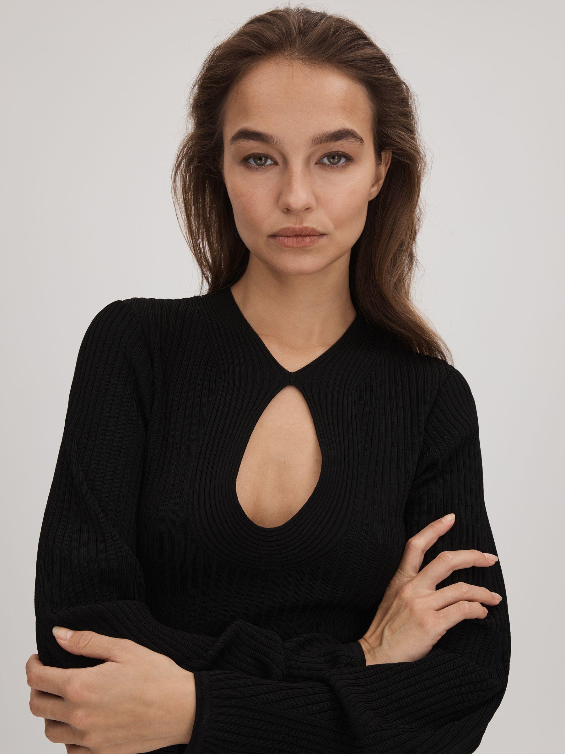 Florere Ribbed Blouson Sleeve Midi Dress in Black Product Image