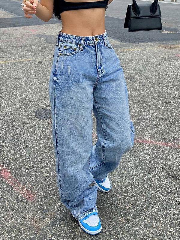 Basic Wash Straight Leg Boyfriend Jeans Product Image