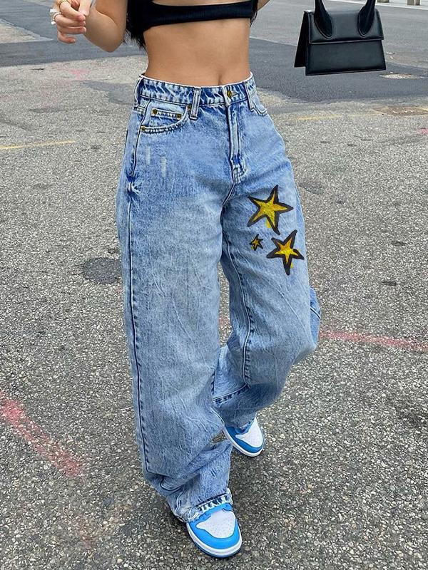 Basic Wash Print Straight Leg Boyfriend Jeans Product Image