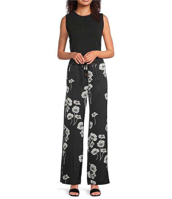 KARL LAGERFELD PARIS Satin Crepe Floral Print Wide Leg Coordinating Pants Product Image