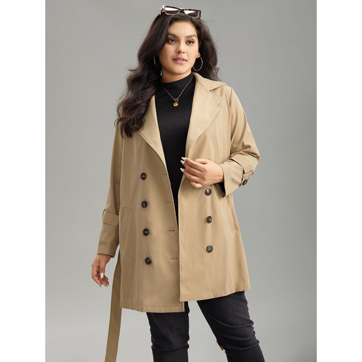Plus Size Plain Double Breasted Lapel Collar Belted Trench Coat Women Champagne Casual Plain Ladies Everyday Winter Coats BloomChic 18-20/2X Product Image