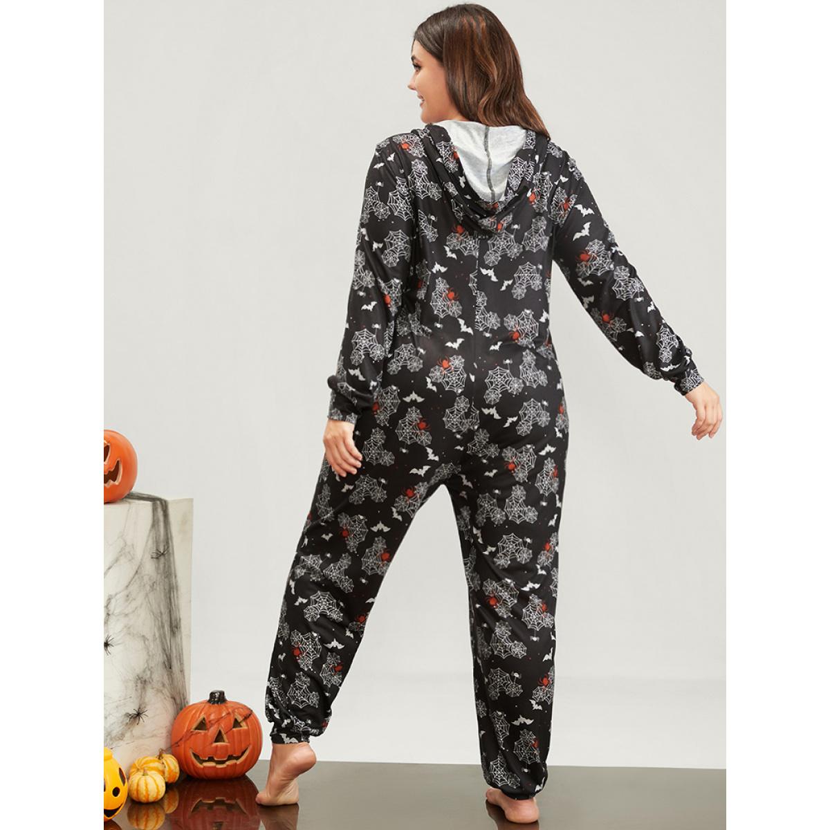 Plus Size Halloween Print Pocket Zip Up Jumpsuit Women Black Elegant Graphic-Halloween Zipper Hooded Pocket Loungewear BloomChic 14-16/1X Product Image