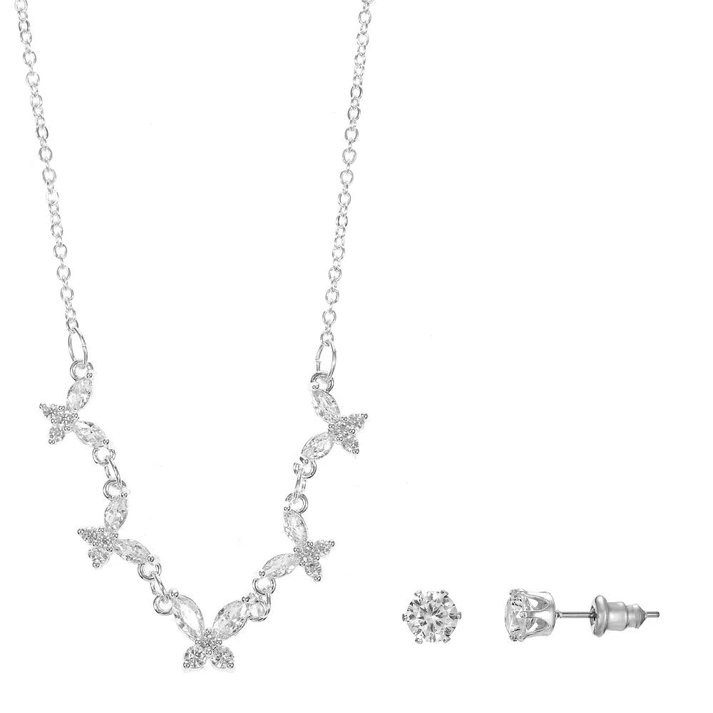 Silver Tone Cubic Zirconia Butterfly Necklace & Stud Earrings Set, Women's, Size: 18+3" Product Image