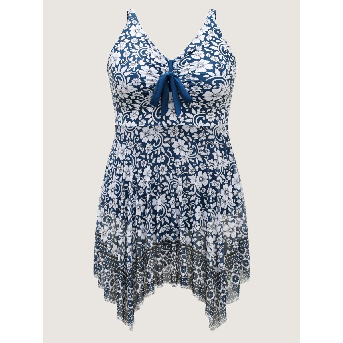 Plus Size Floral Handkerchief Hem Flowy Swim Dress Women's Swimwear Aegean Resort Bodycon V-neck High stretch Curve Swim Dresses BloomChic 14-16/1X Product Image