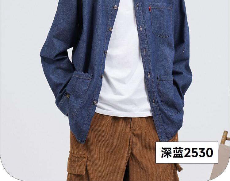 Long Sleeve Collared Washed Denim Shirt Product Image