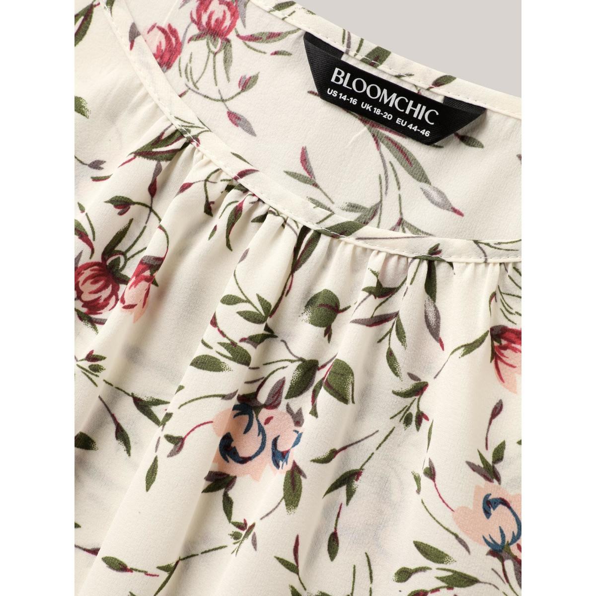 Plus Size Ivory Floral Print Petal Sleeve Pleated Blouse Women Timeless Elbow-length sleeve Round Neck Elegant Blouses BloomChic 18-20/2X Product Image