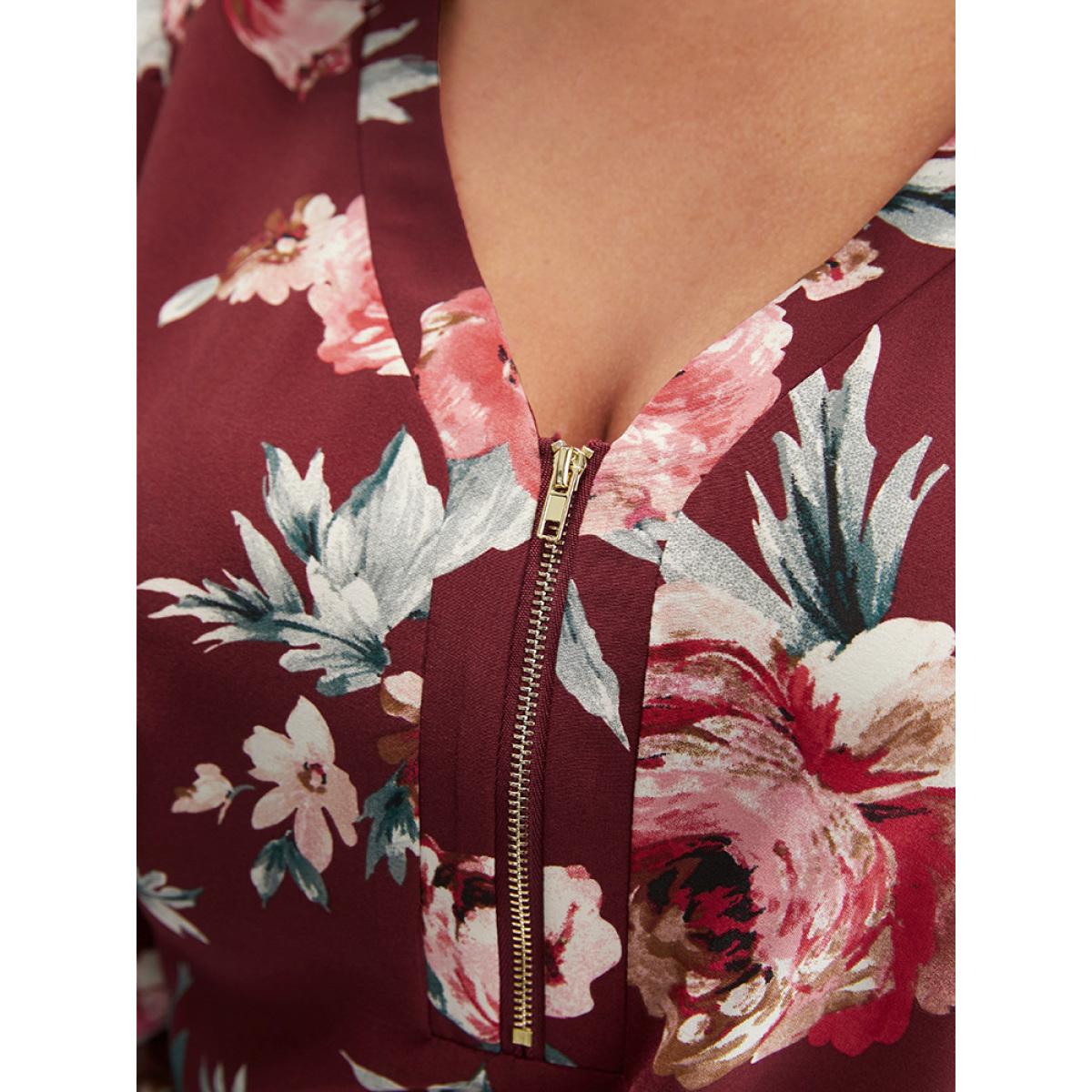 Plus Size Burgundy Floral Lantern Sleeve Zipper V Neck Blouse Women Elegant Long Sleeve V-neck Dailywear Blouses BloomChic 18-20/2X Product Image