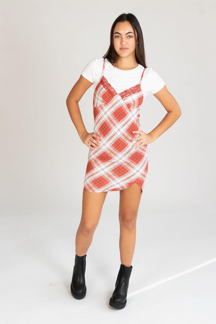 Plaid Cami Mini Dress With Tee Product Image