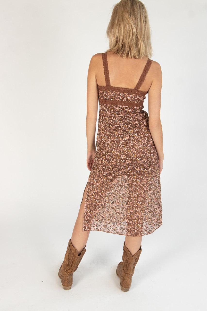 Brown Lace Trim Printed Midi Dress Product Image