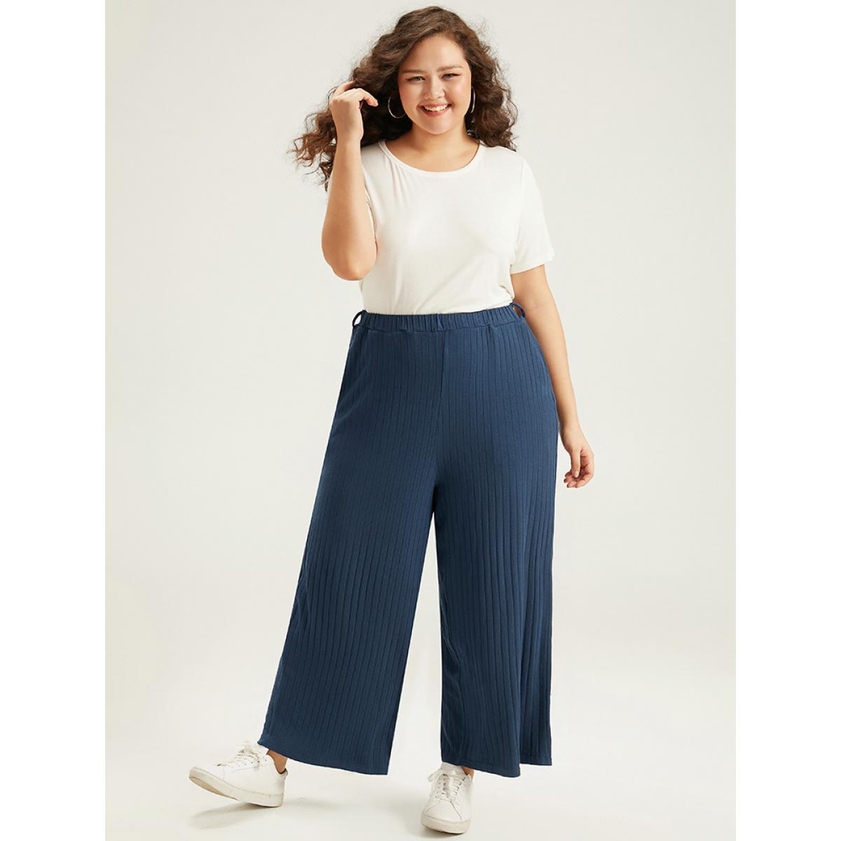 Plain Textured Wide Leg Sweatpants Indigo Plus Size Women Casual Dailywear Texture 26/4X Bloomchic Product Image