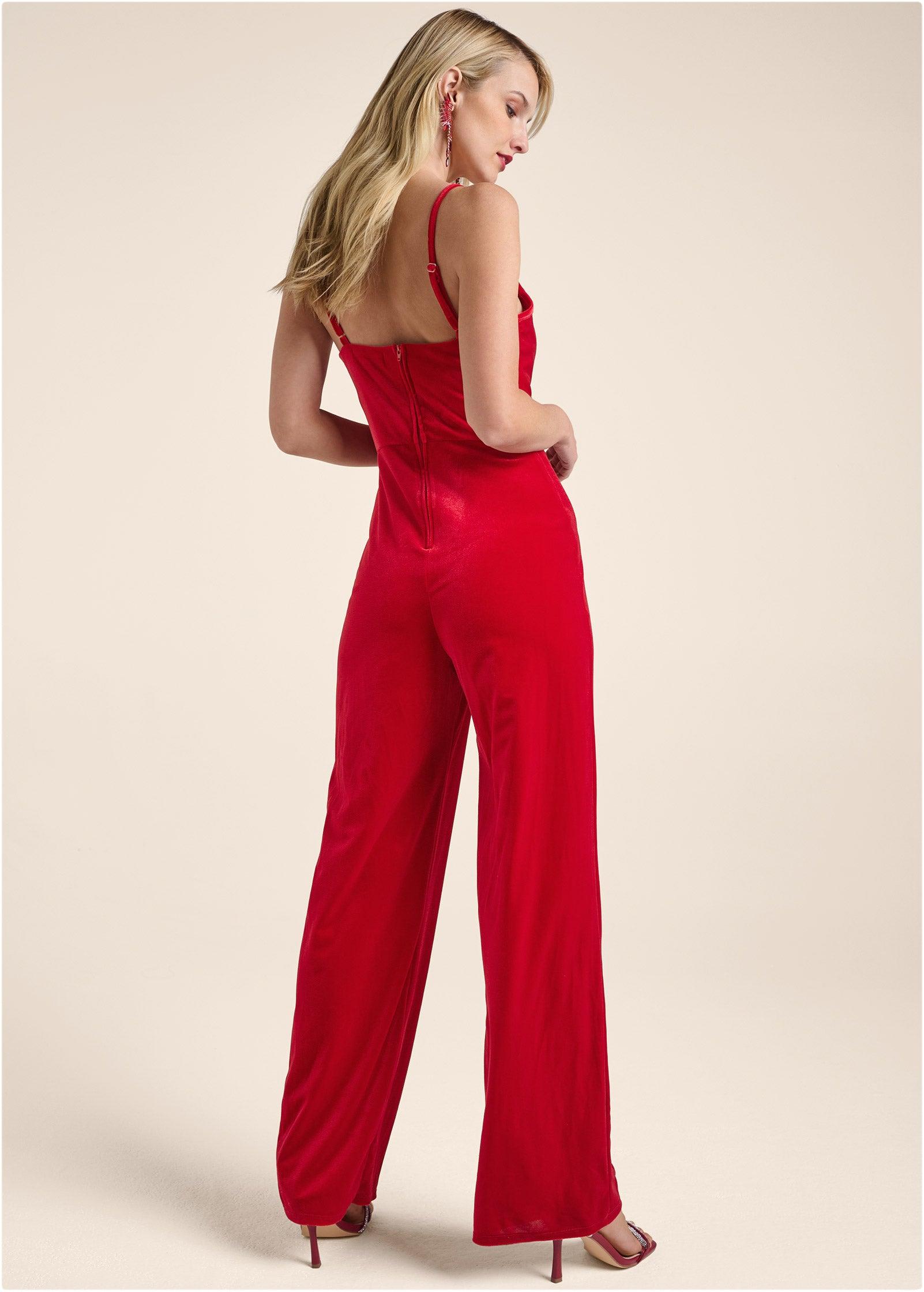 Velvet Cowl-Neck Jumpsuit - Red Product Image