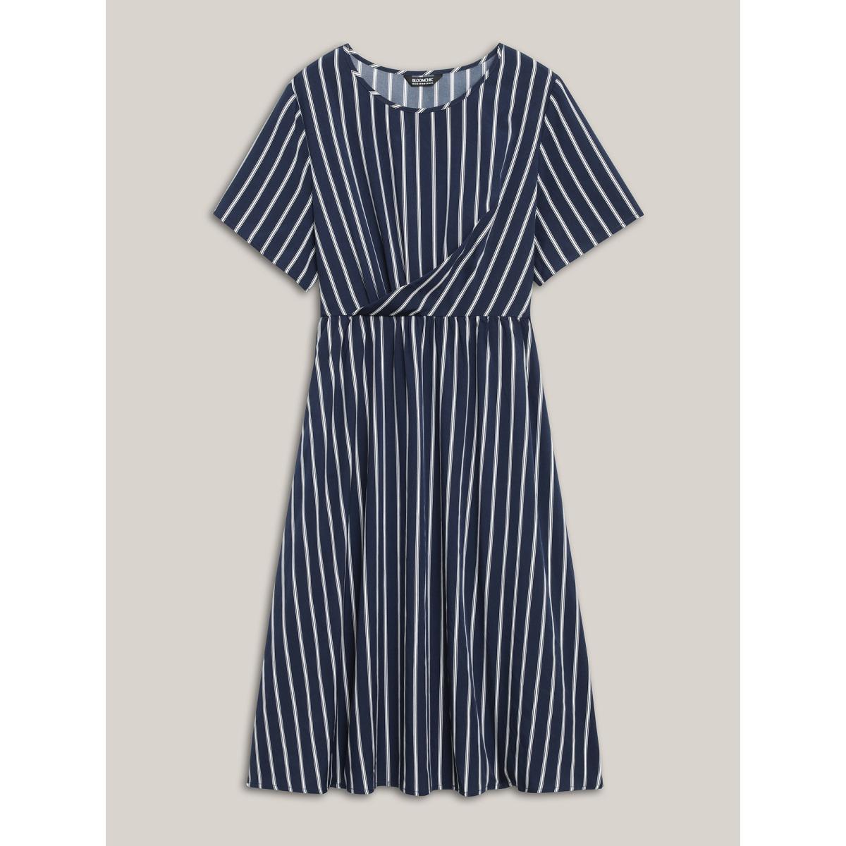 Plus Size Striped Stretchy Waist Defining Pockets Dress Indigo Women Office Pleated Round Neck Short sleeve Curvy BloomChic 18-20/2X Product Image