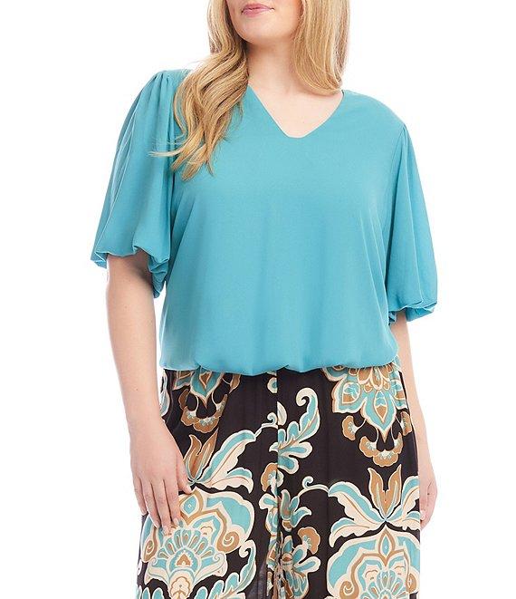 Karen Kane Plus Size Silky Crepe V-Neck Short Puff Sleeve Top Product Image