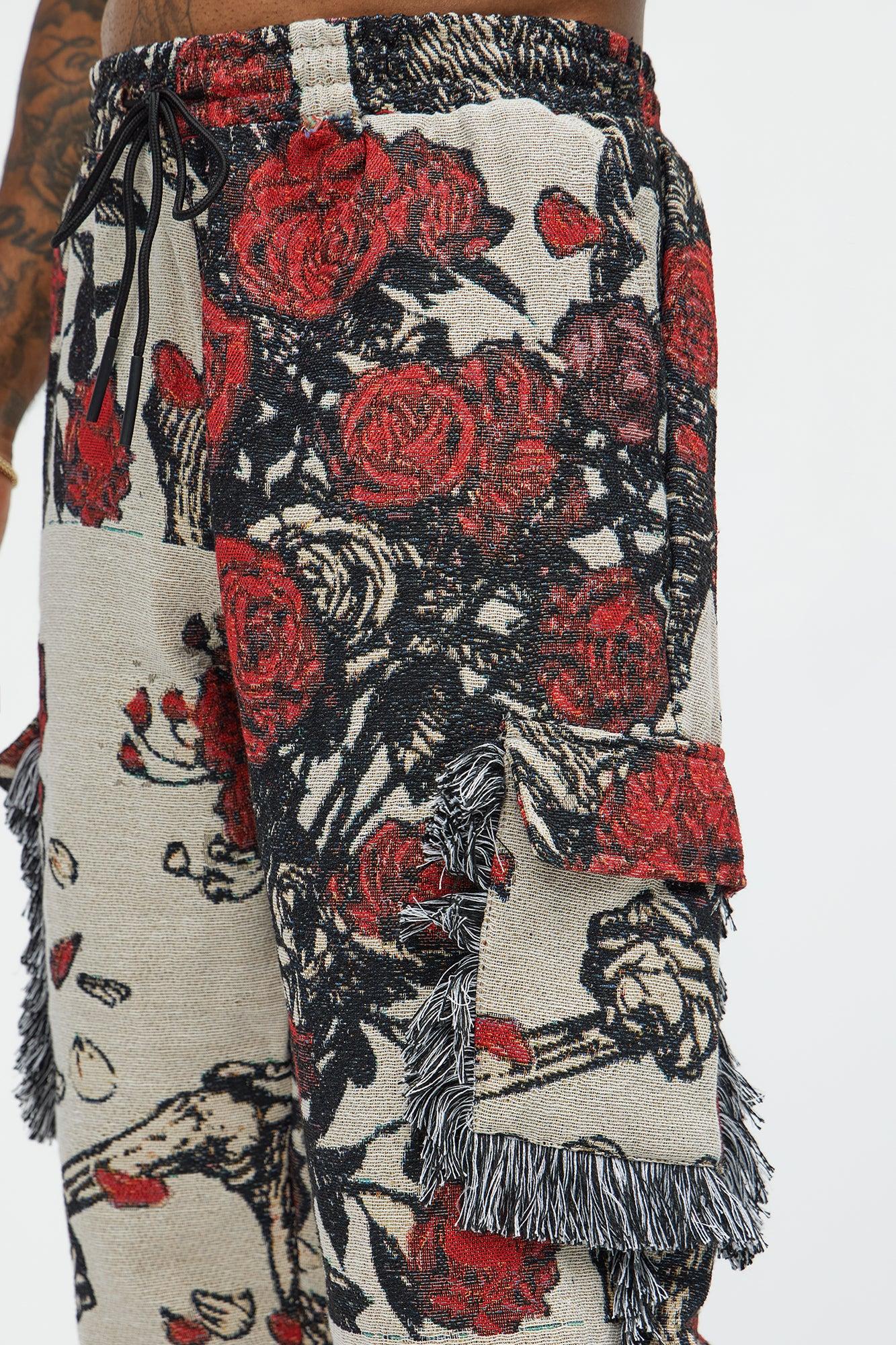Straight Petals Tapestry Cargo Pants - Red/combo Product Image