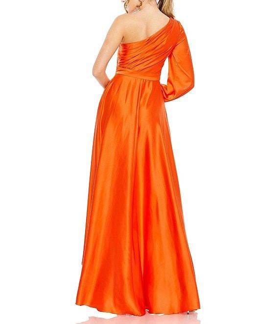 Mac Duggal One Sleeve Satin Ruffle Front Hi Low Dress Product Image