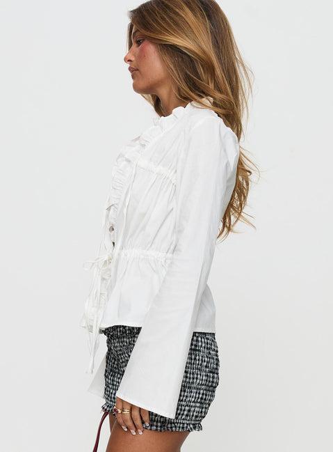 Harloe Ruched Tie Up Long Sleeve Top White Product Image