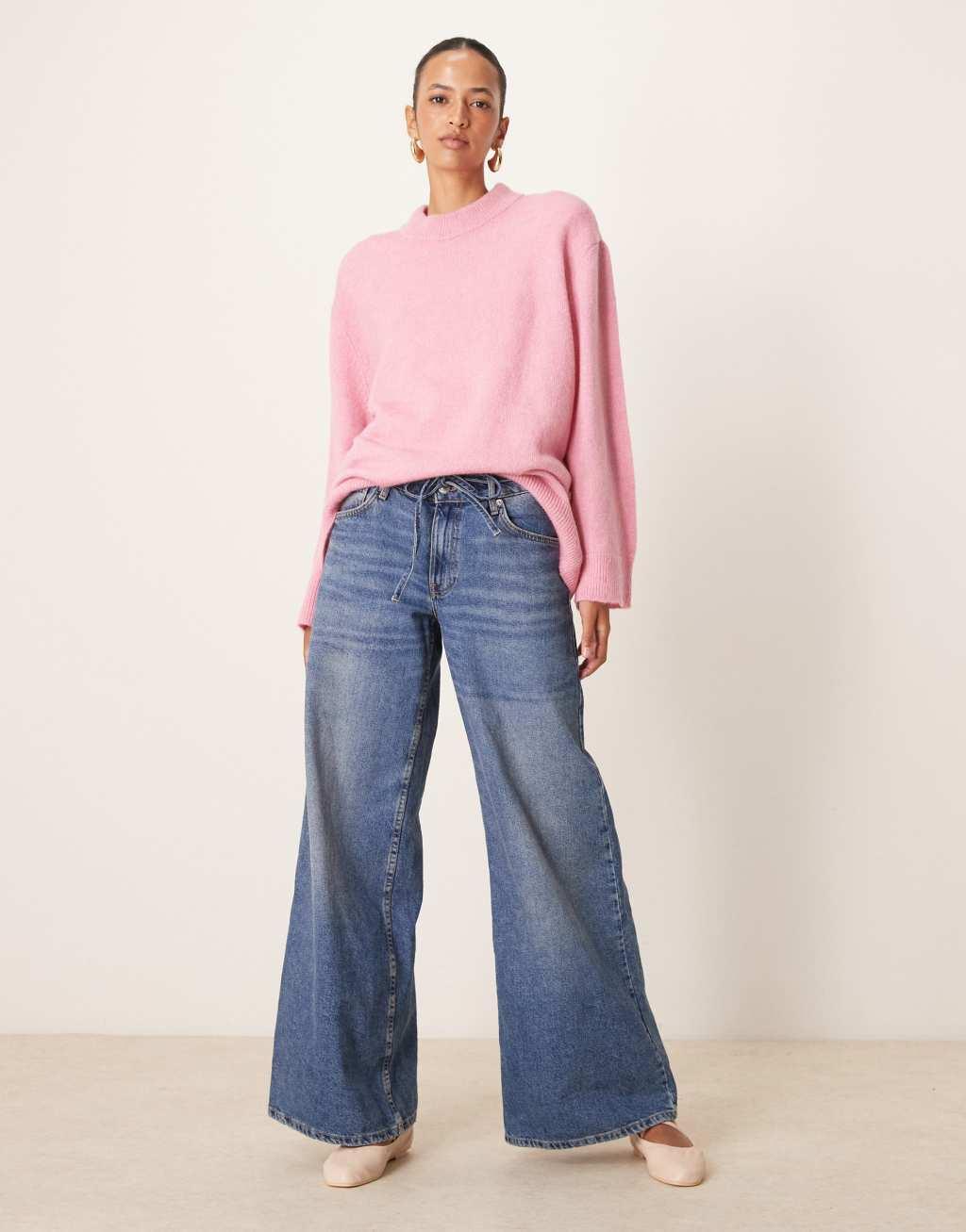 ASOS DESIGN oversized knitted crew neck sweater in soft pink Product Image