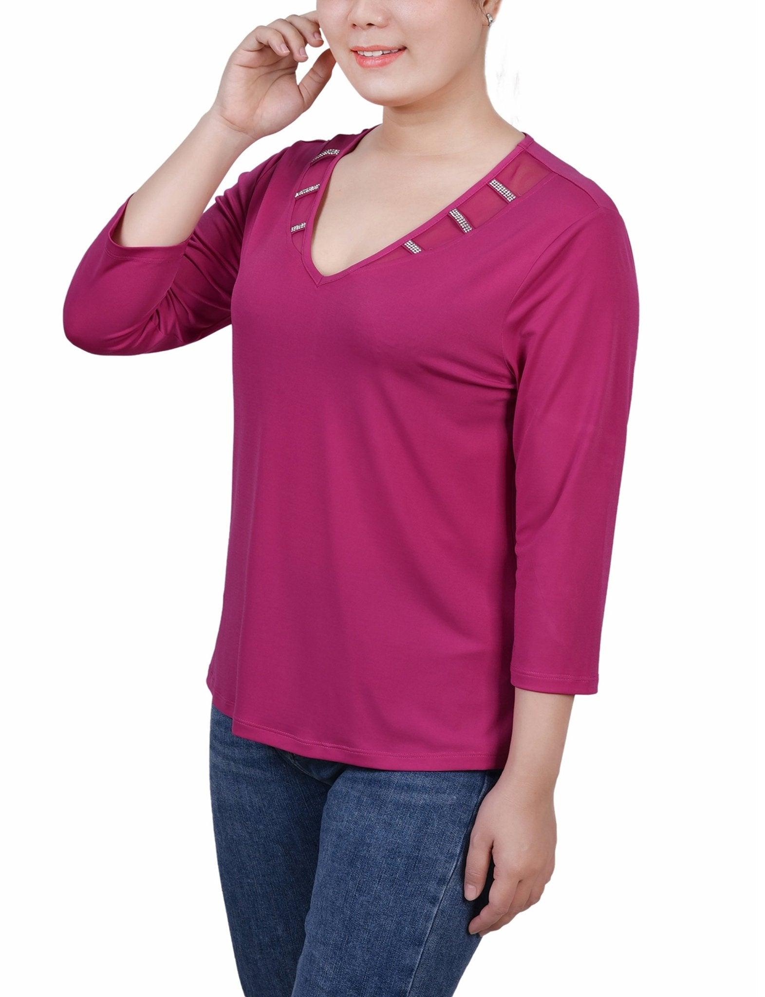 Sangria 3/4 Sleeve Top With Illusion Neckline and Stones - Petite Product Image