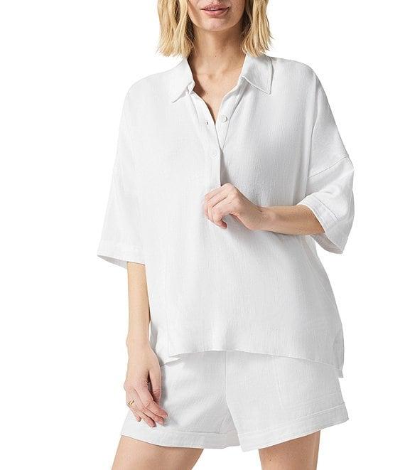 Splendid Coastal Knit Notch Collar 3/4 Sleeve Polo Top Product Image