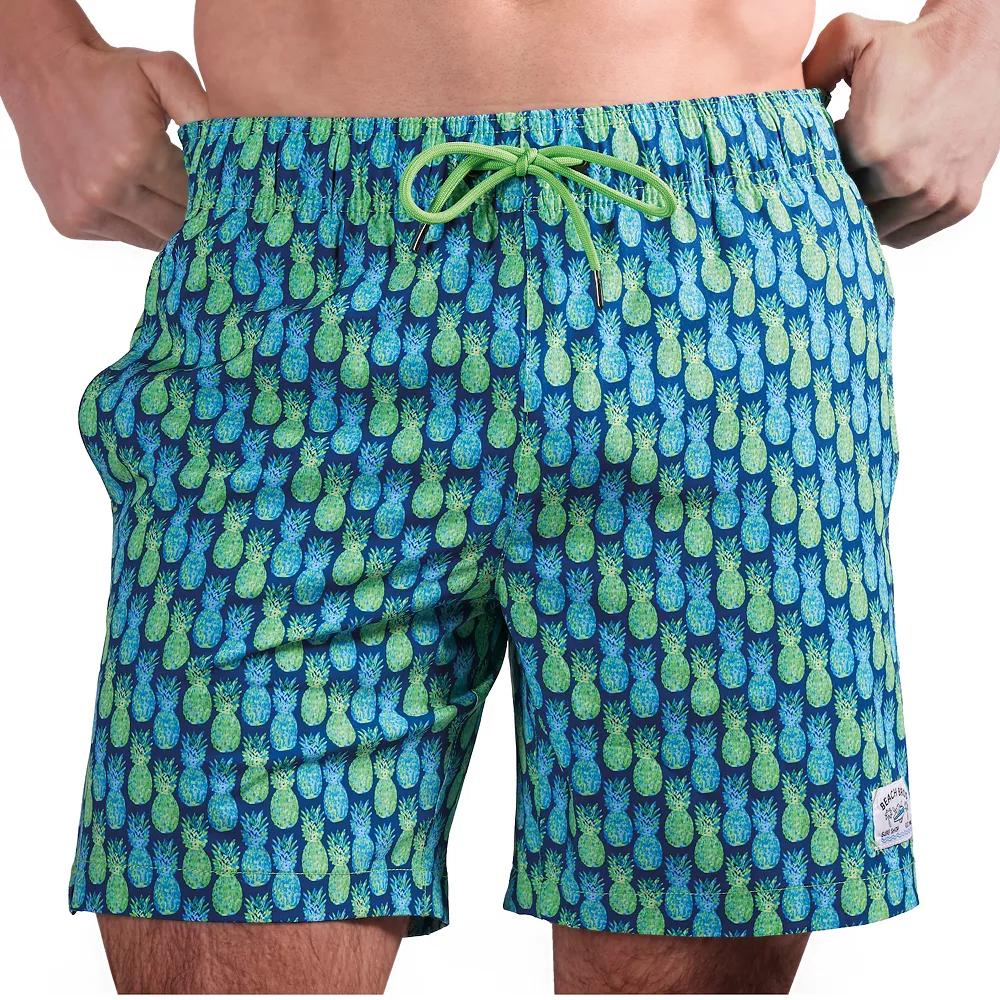 Men's Beach Bros 6.5-Inch Blue & Green Pineapple Print 4-Way Stretch Mesh Lined Swim Trunks, Size: Medium, Blue Green Product Image