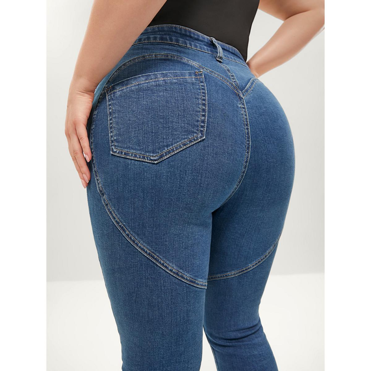 Plus Size Skinny Very Stretchy Mid Rise Medium Wash Patchwork Jeans Women Blue Casual Plain Patchwork High stretch Pocket Jeans BloomChic 16/1X Product Image