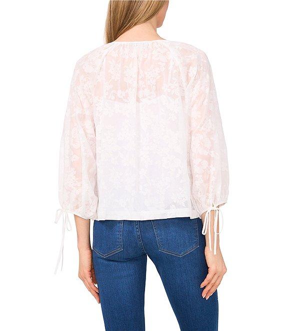 CeCe Woven Floral Round Neck Long Puff Sleeve Button Front Blouse Product Image