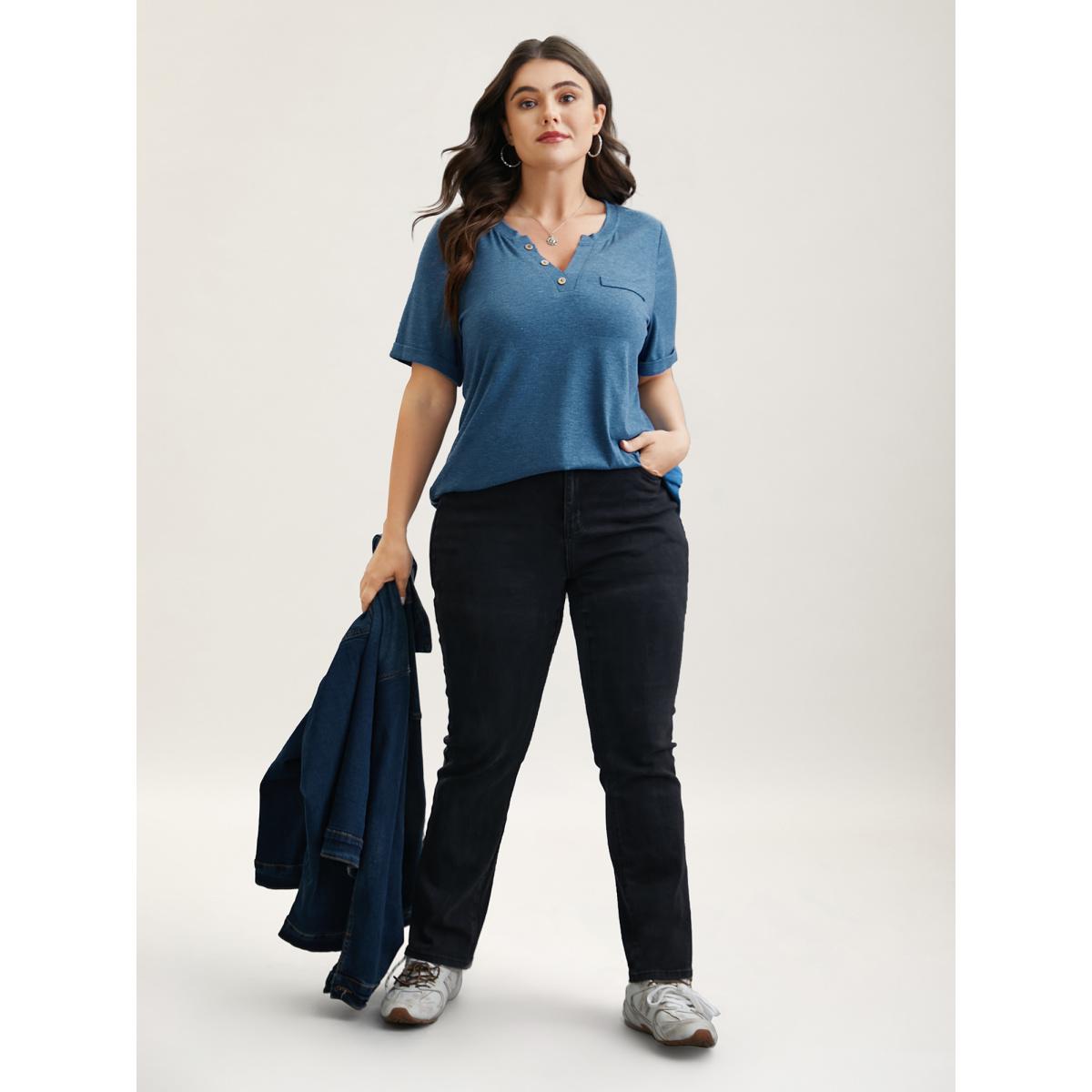 Plus Size Button-Front Half Sleeve Fitted T-Shirt Cerulean Women Leisure Roll Hem Notched collar Casual T-shirts BloomChic 28/5X Product Image