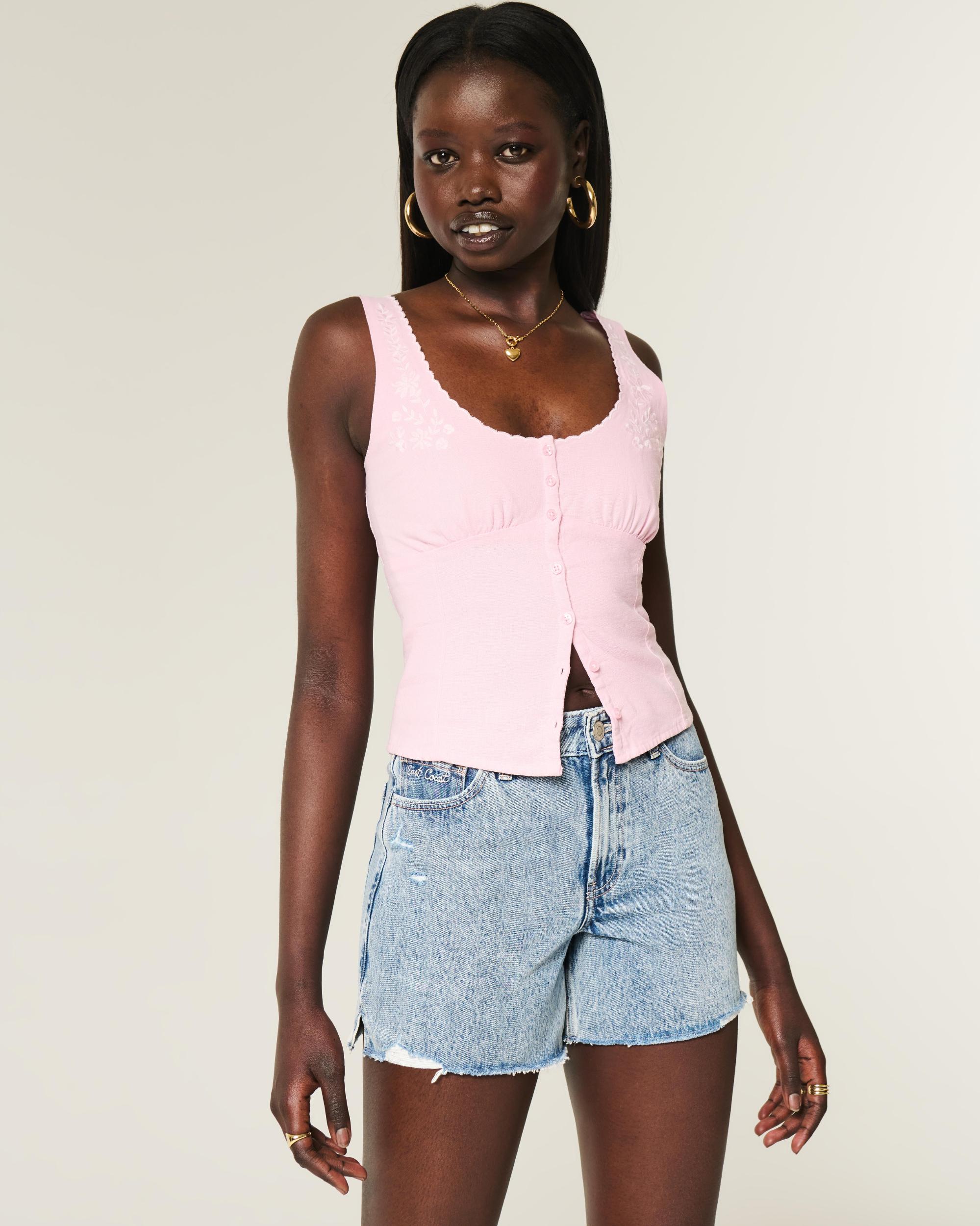 High-Rise Ripped Medium Wash Relaxed Denim Shorts 5" Product Image