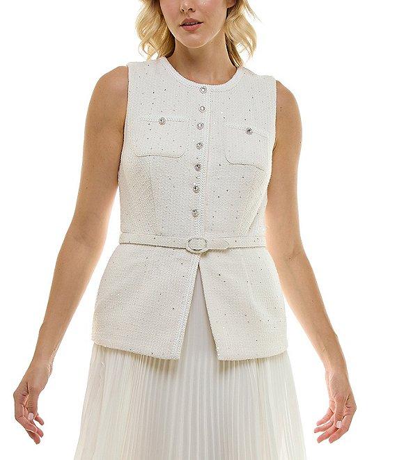 Taylor Knit Boucle Crew Neck Sleeveless Gold Foil Pleated Skinny Belt A-Line Dress Product Image