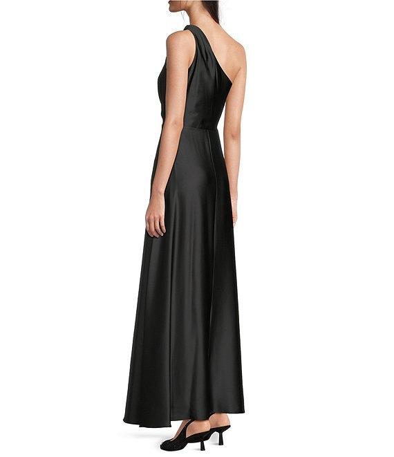 Alex Marie Camila Stretch Satin Asymmetrical One Shoulder Metal Loop Strap A-Line Maxi Dress Product Image