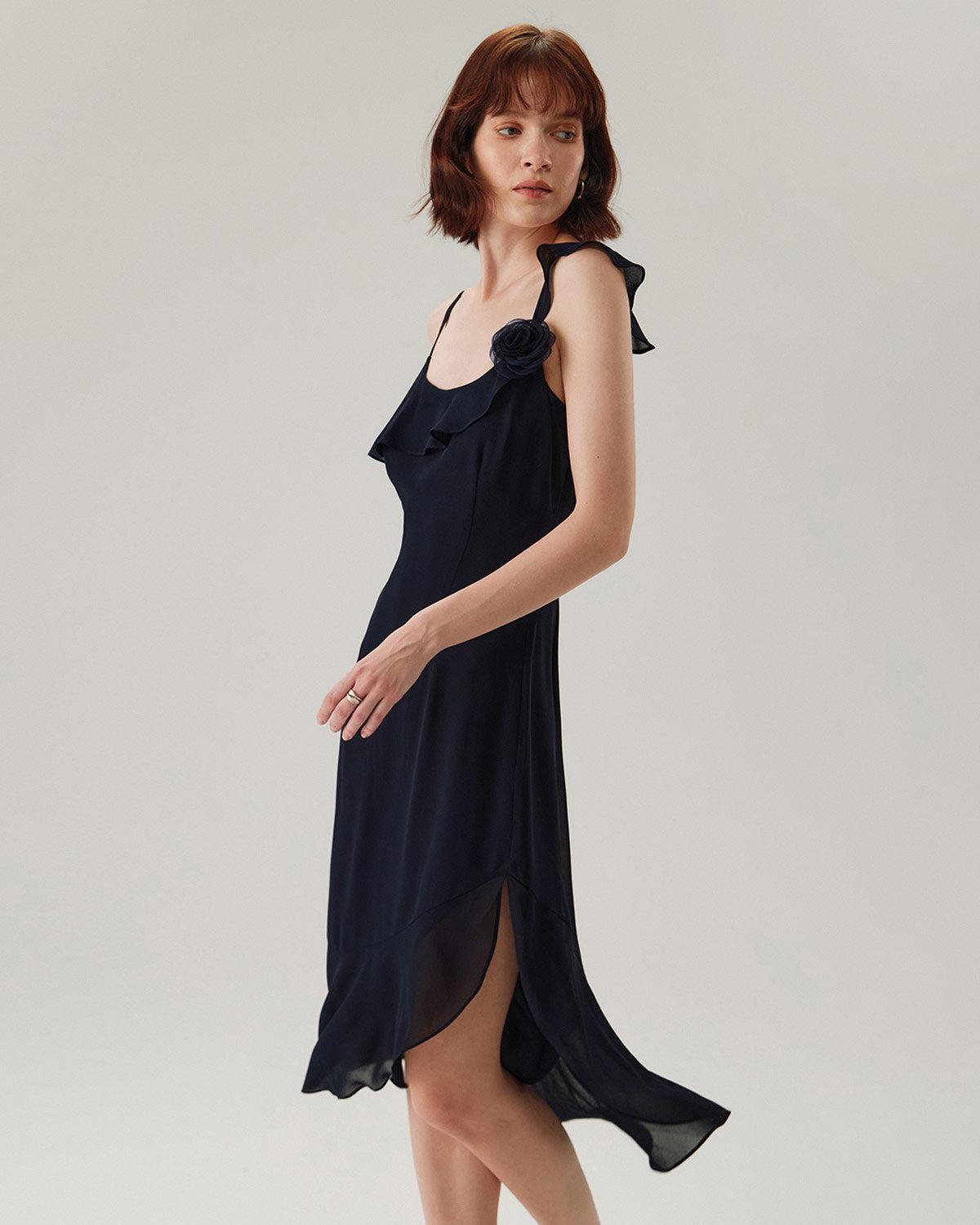 Blue Chiffon Ruffle Slip Midi Dress Product Image