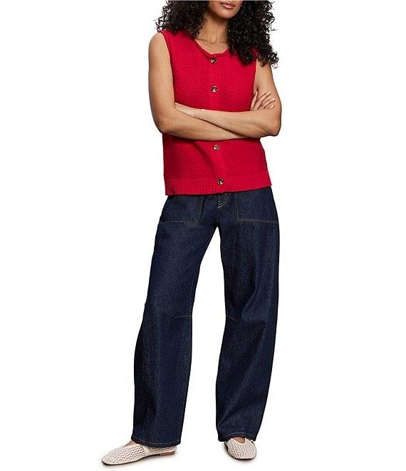 Sanctuary Cotton Slub Crew Neck Sleeveless Button Front Top Product Image