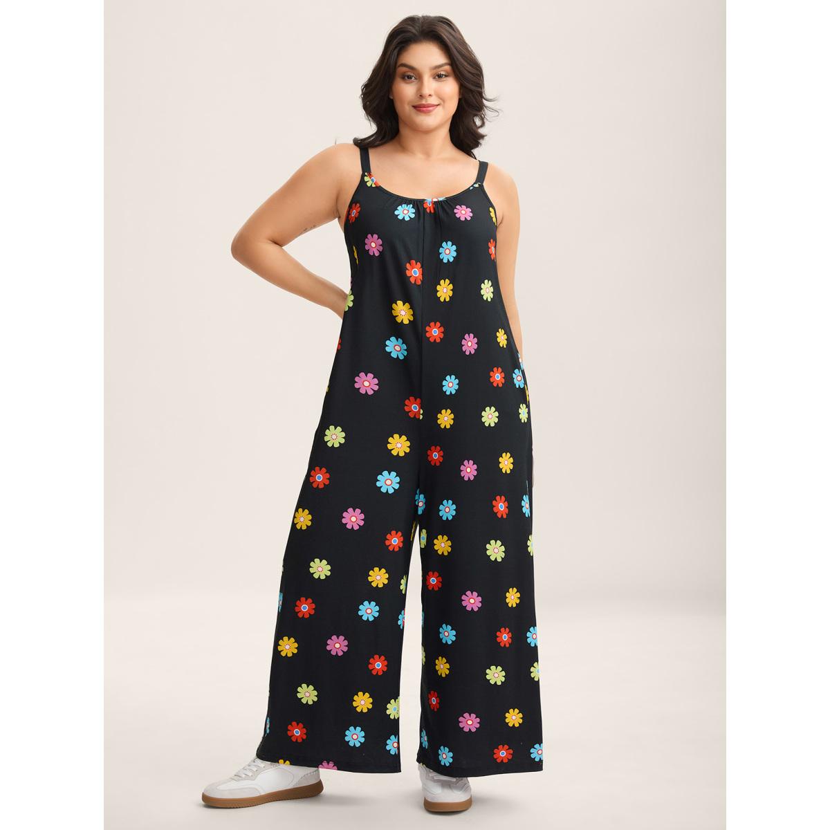 Plus Size Black Colorful Polka Dots Straight-Leg Jumpsuit Women Sleeveless Round Neck Everyday-Casual Loose Jumpsuits BloomChic 12/L Product Image