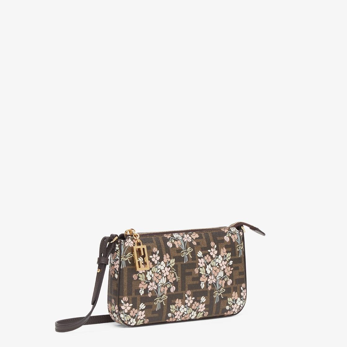 Baguette PouchFendi Flower Bouquet brown FF fabric pouch with chain Product Image
