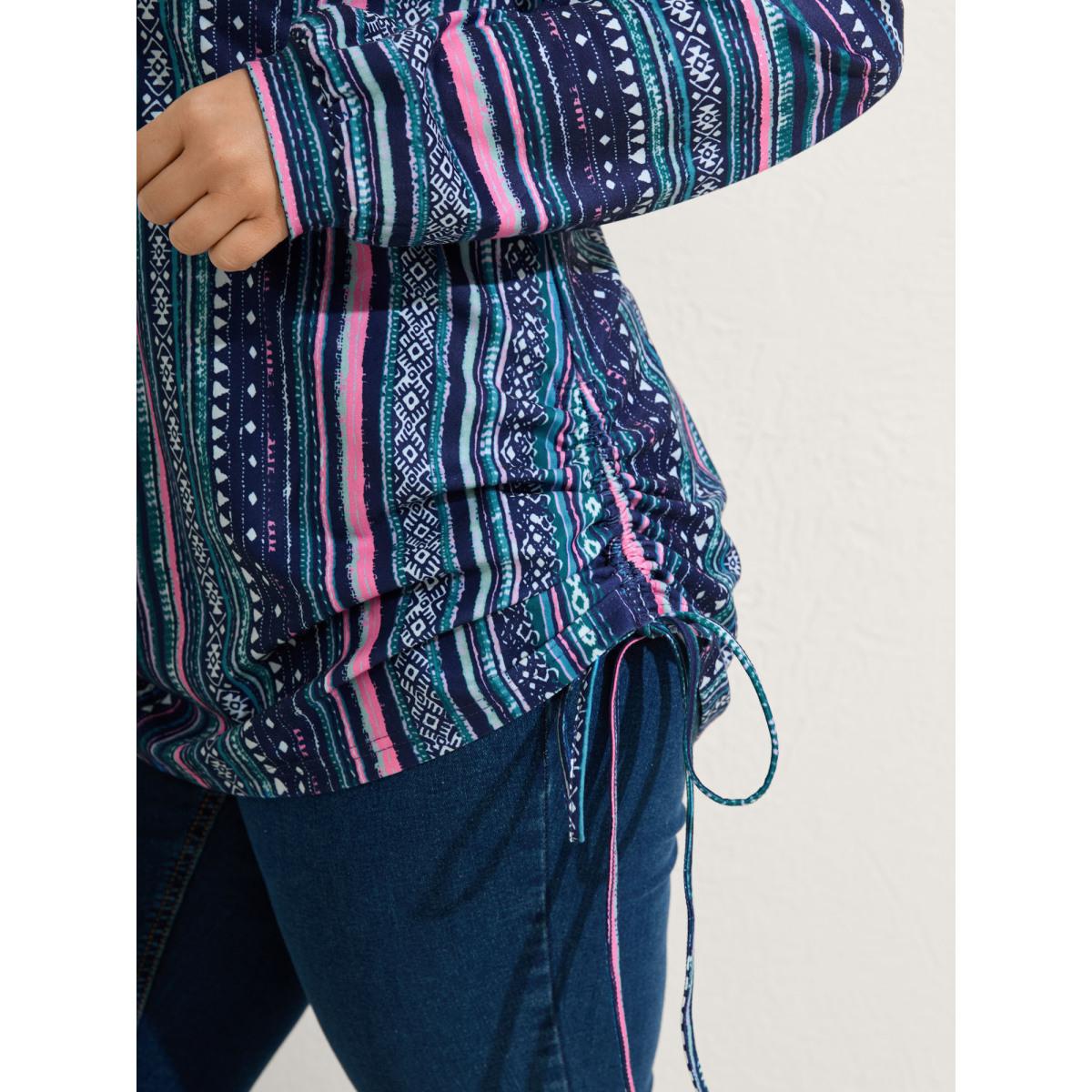 Plus Size Striped Drawstring Color Contrast Sweatshirt Women DarkBlue Boho Round Neck Vacation Sweatshirts BloomChic 26/4X Product Image