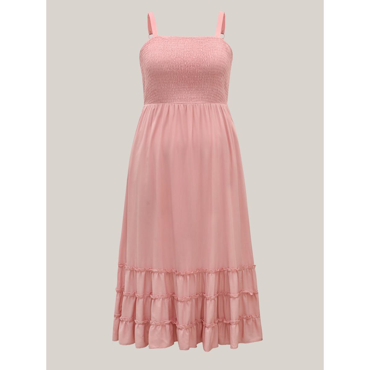 Plus Size Rayon Shirred Bodice Solid Midi Dress Crepe Women Square Neck Sleeveless Curvy BloomChic 14-16/1X Product Image