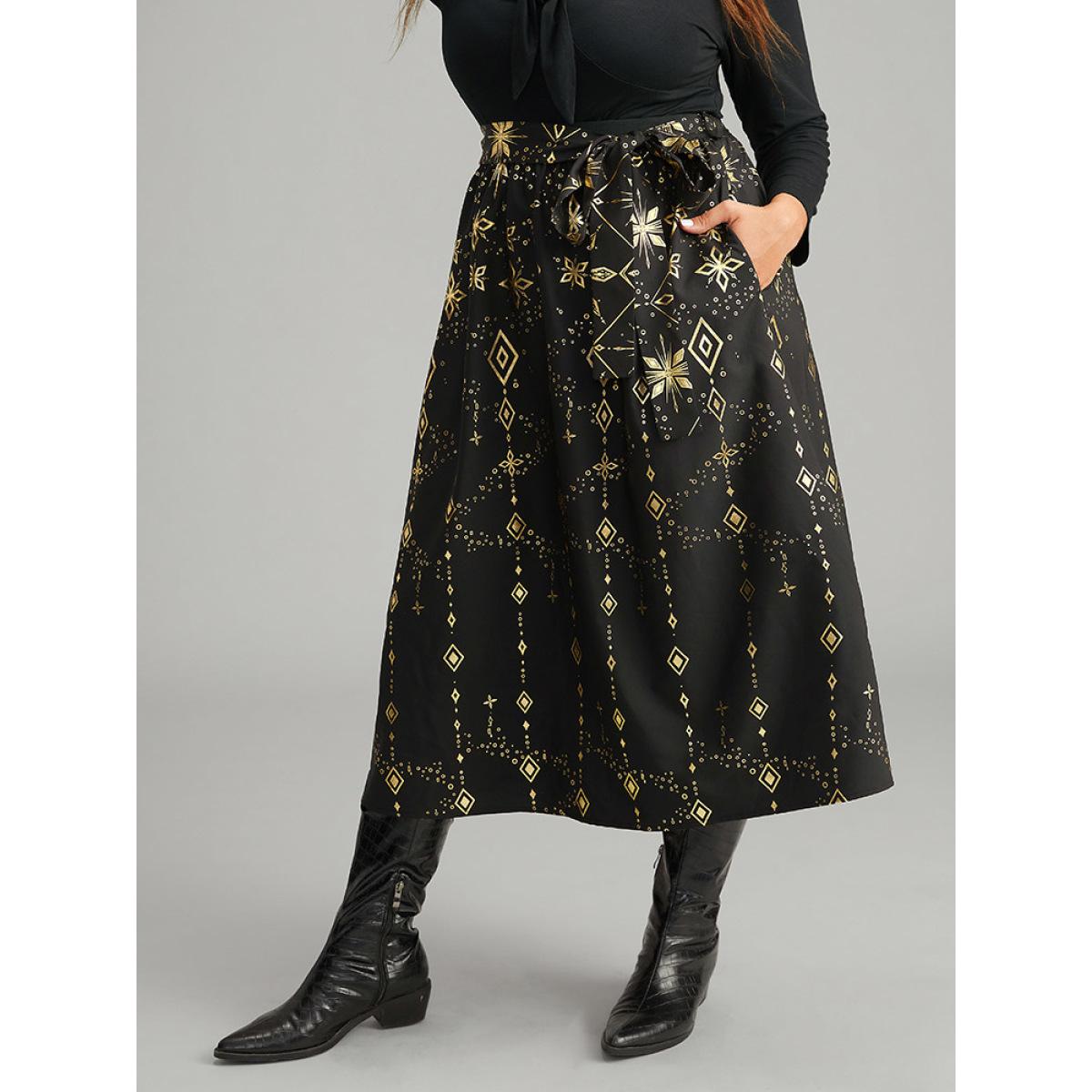 Plus Size Halloween Glitter Geometric Belted Pocket Skirt Women Black Elegant A-line No stretch Pocket Belt Festival-Halloween Skirts BloomChic 22-24/3X Product Image